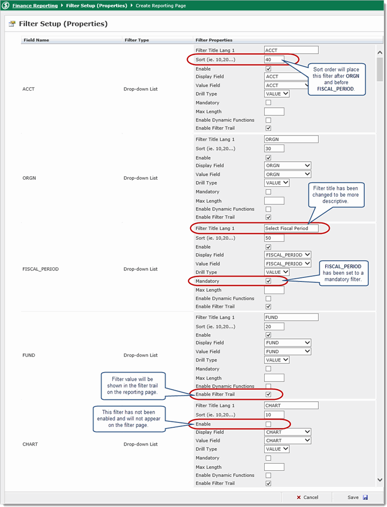 Setting up Filter Options on a Custom Reporting Page