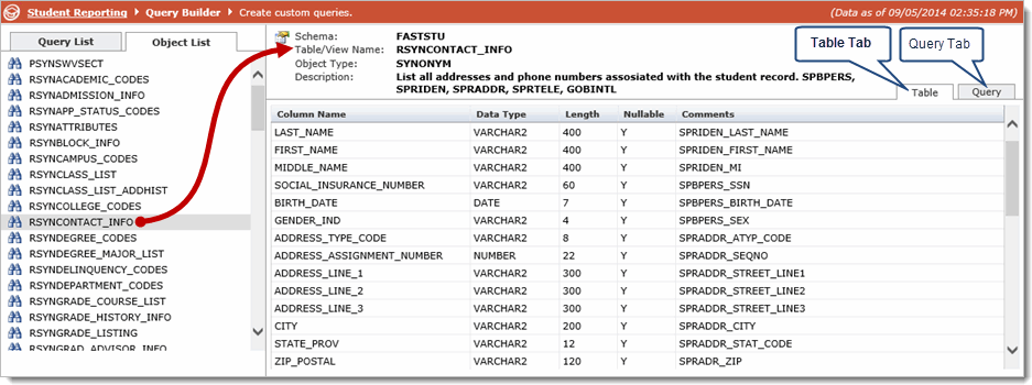 Information about the selected table
