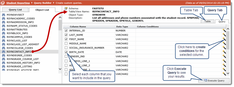 Information about the selected table