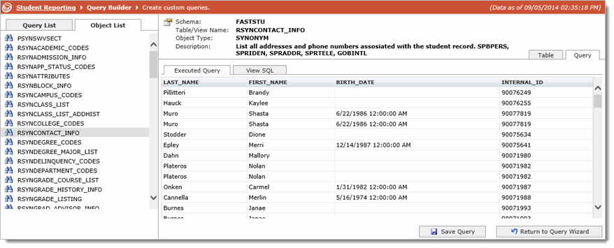 Results of the executed query