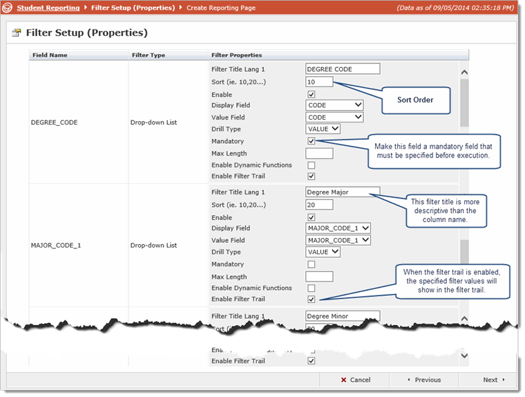 Setting up Filter Options on a Custom Reporting Page