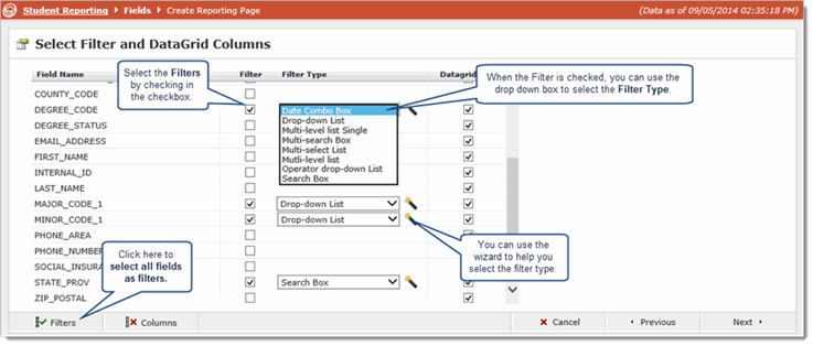 Select filter and datagrid columns