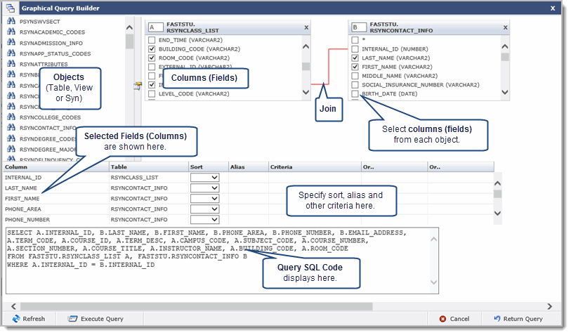 Example of a query in the Graphical Query Builder