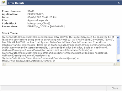 Error dialog box with detailed information